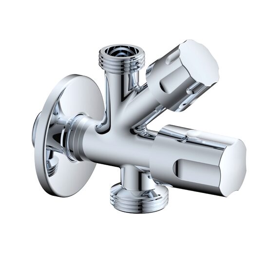 Robinet coltar dublu Kruger, 1/2" - 1/2" - 3/4", rozeta